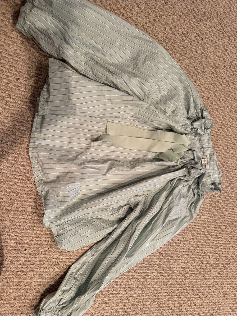 Light Sage Pinstripe tie neck blouse